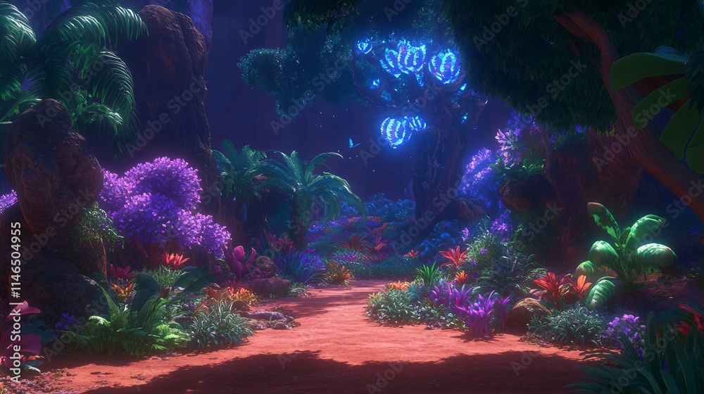 Obraz premium Enchanting Bioluminescent Forest Path at Night