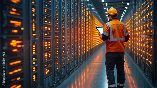 Data Center Technician: A lone technician walks down a long aisle of glowing server racks, tablet in hand, overseeing the complex infrastructure of a modern data center.