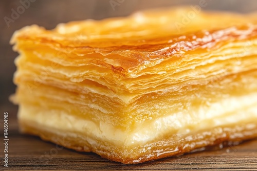 Close-up of layered dessert with golden crust photo