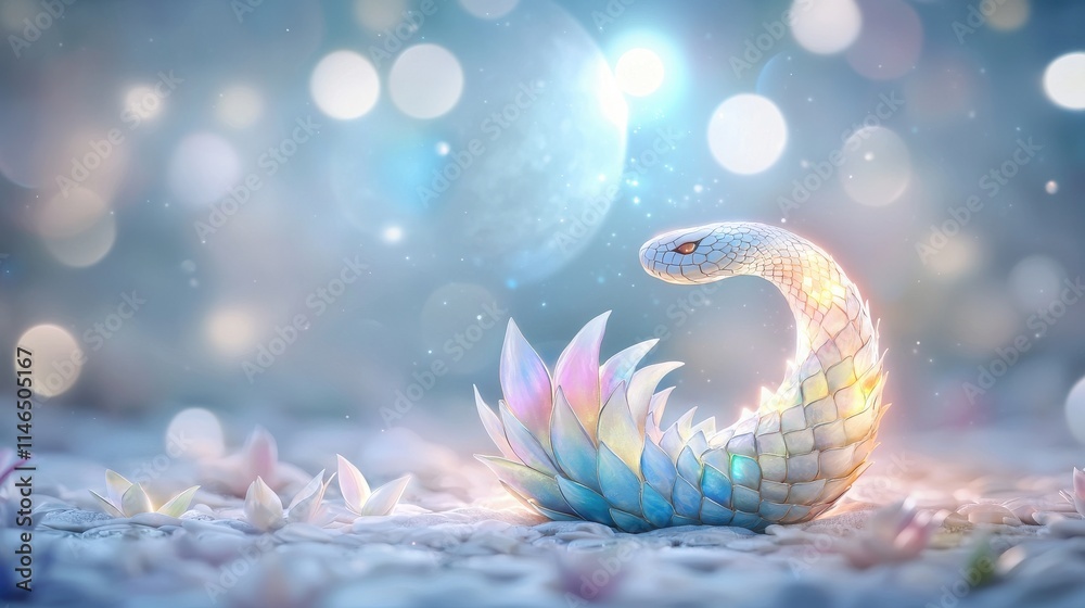 Obraz premium A mystical creature with pastel-colored scales rests on a soft surface, surrounded by a dreamy atmosphere filled with sparkling lights.