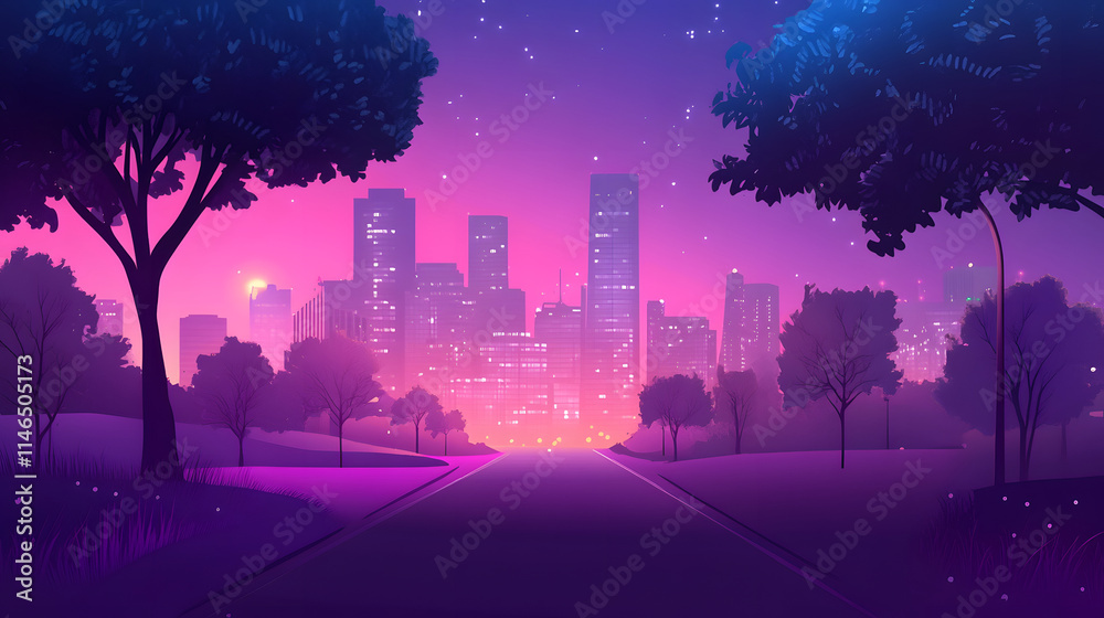 Fototapeta premium Cityscape at Twilight Road Leads to Illuminated Buildings