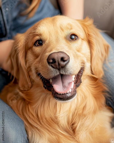 Happy golden retriever dog smiling at home cozy environment