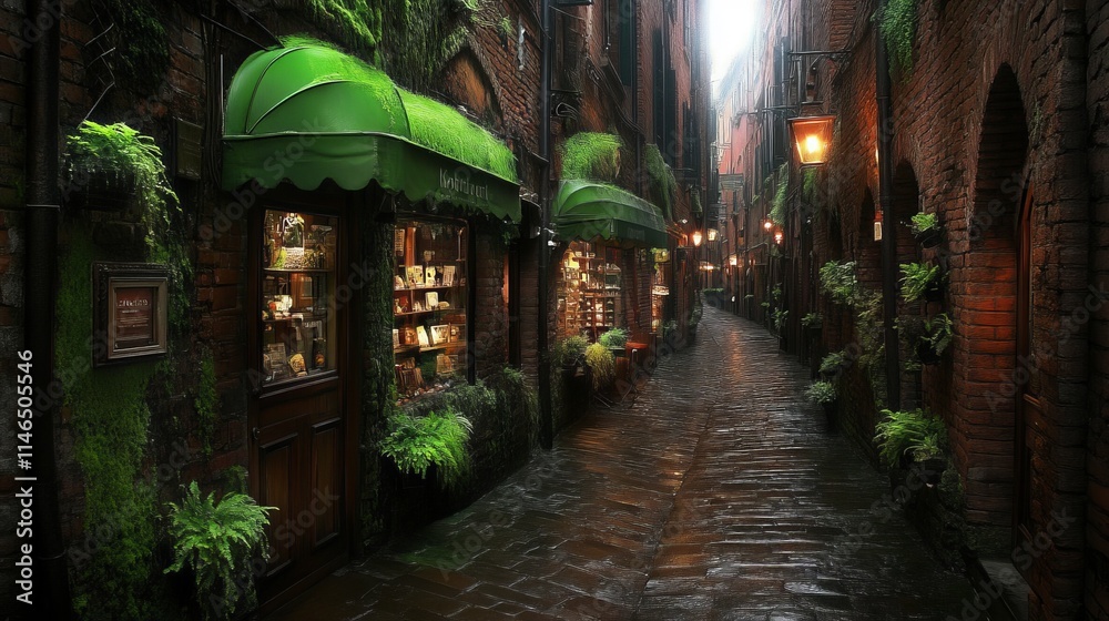 Fototapeta premium Enchanting Cobblestone Alleyway with Green Awnings