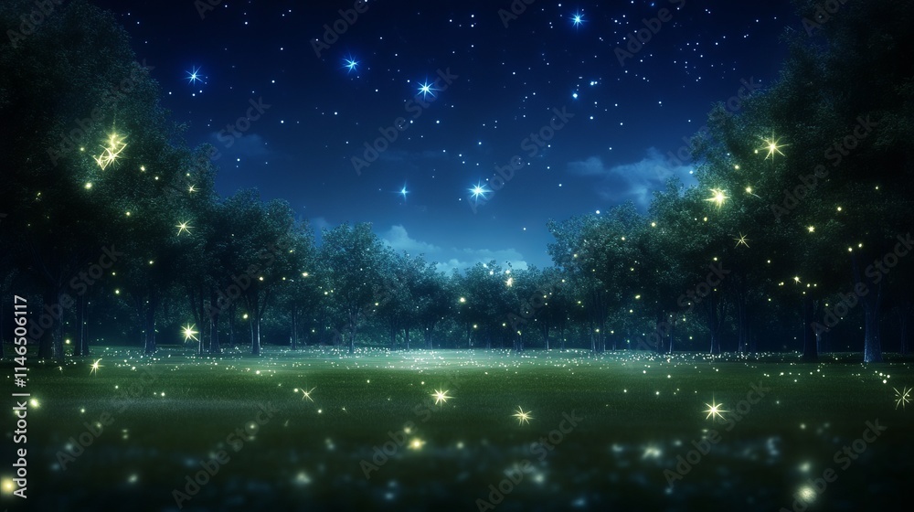 Naklejka premium Enchanting Firefly Night in a Starlit Forest