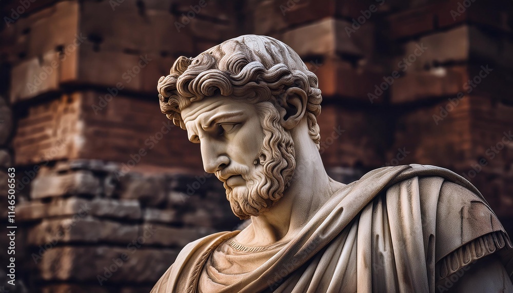 greek roman emperor marble statue with old dark bricks wall background