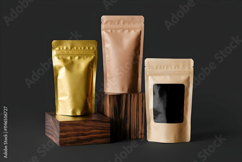 Golden, brown, and transparent pouches on wooden block, modern design focus