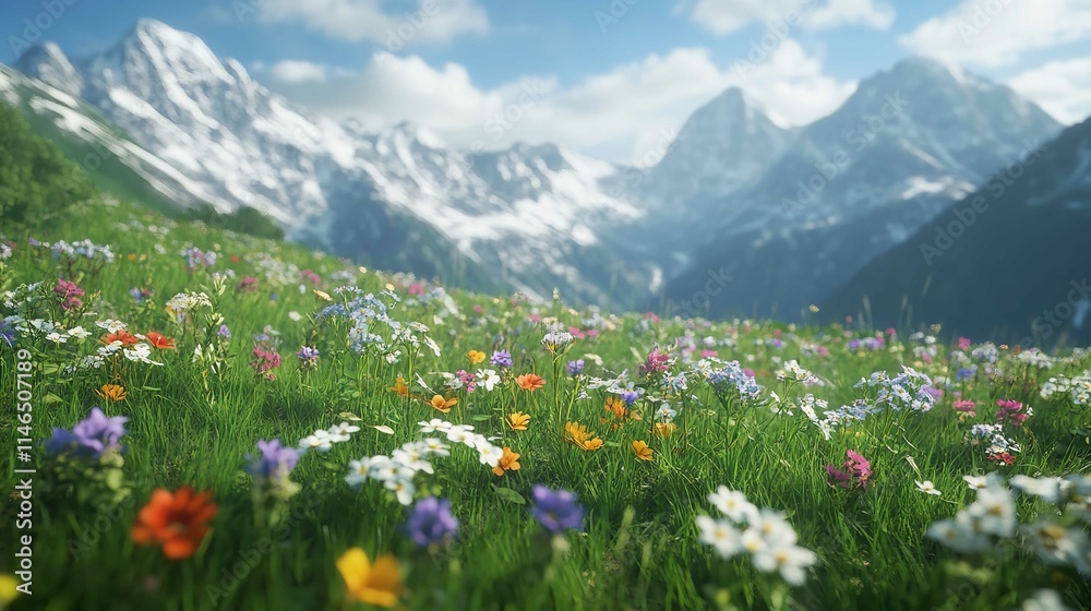 Fototapeta premium Meadow with Flowers in Mountains in Front of Alps Mountain Range