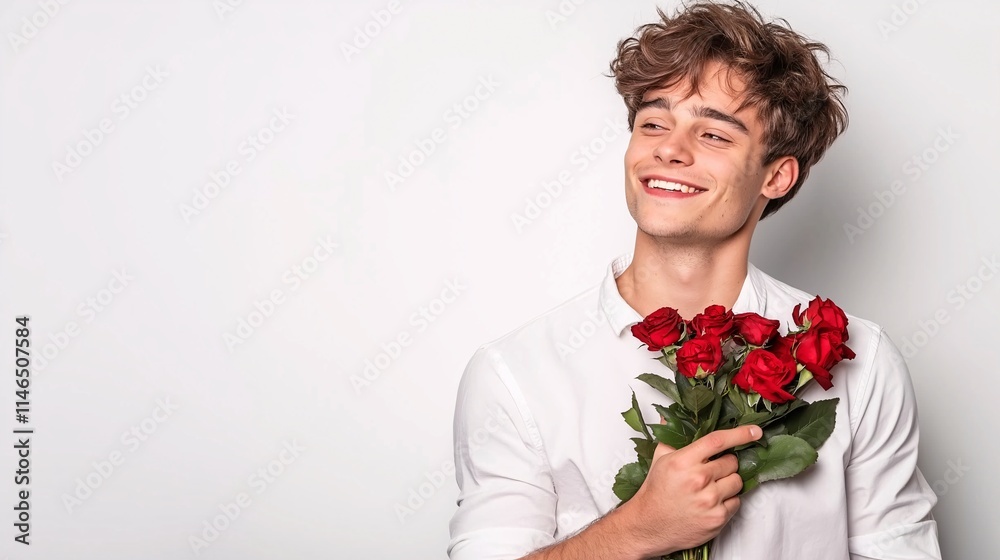 Cheerful Caucasian Man Holding a Bouquet of Red Roses, Smiling and Exuding Happiness, Perfect for Romantic or Celebratory Themes in Business Contexts Cheerful Caucasian Man Holding a Bouquet of Red Roses, Smiling and Exuding Happiness, Perfect for Romantic or Celebratory Themes in Business Contexts
