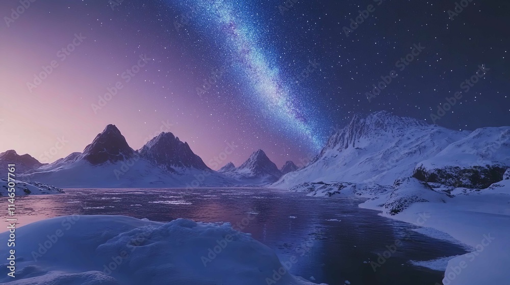 Milky Way Above Frozen Sea Coast and Snow-Covered Landscape Milky Way Above Frozen Sea Coast and Snow-Covered Landscape