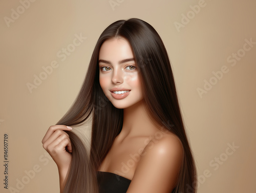 Beautiful woman with long straight dark brown hair and delicate makeup
