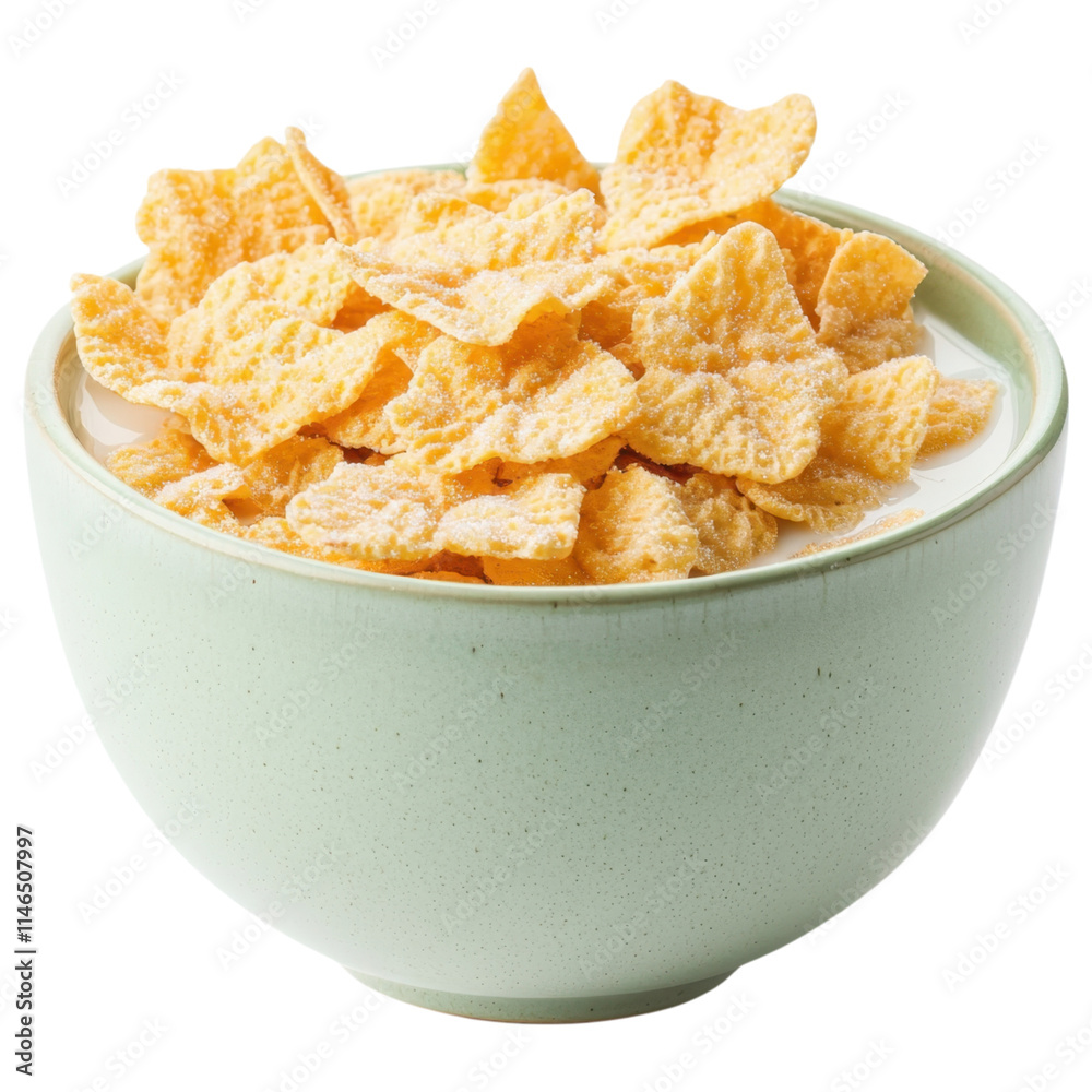 A bowl filled with crunchy cornflakes sitting in milk, white background, transparent background. A bowl filled with crunchy cornflakes sitting in milk, white background, transparent background.