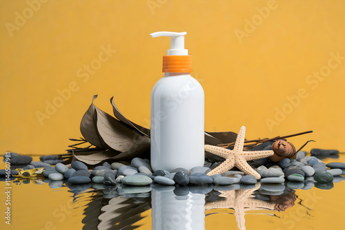 White bottle with orange dispenser, pebbles, starfish, and yellow vibrant background photo