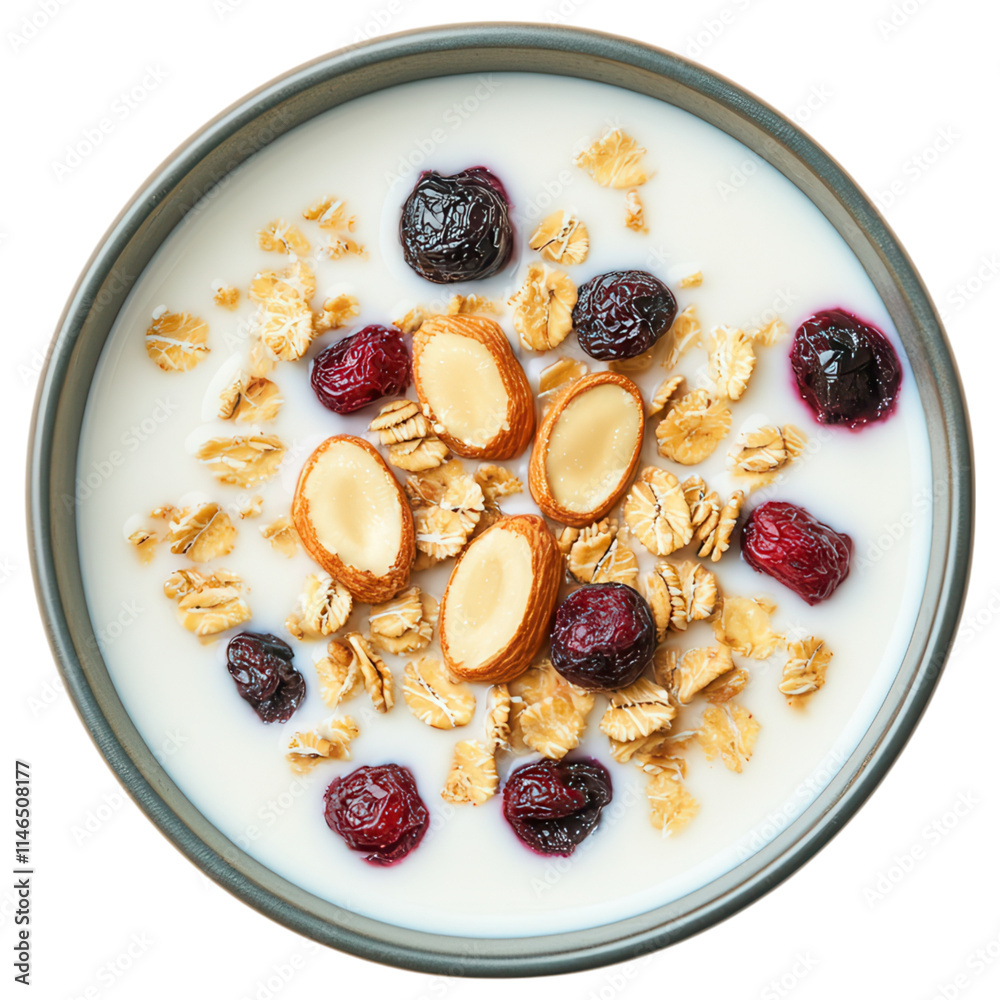 A bowl filled with creamy yogurt topped with almonds, dried berries, and crunchy granola, white background, transparent background. A bowl filled with creamy yogurt topped with almonds, dried berries, and crunchy granola, white background, transparent background.