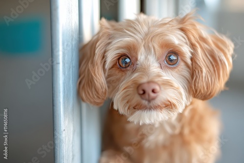 This image showcases a sweet dog looking thoughtfully from its cage, with big, expressive eyes conveying innocence and a desire for love and companionship. photo