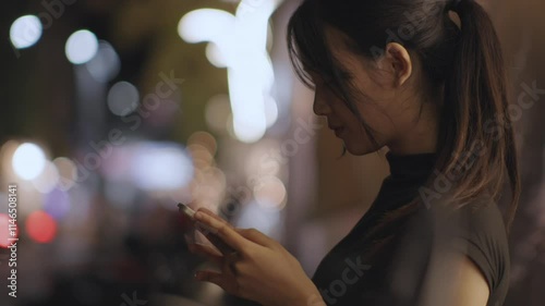 Woman using smartphone at night, Night lights, Bokeh of lights.