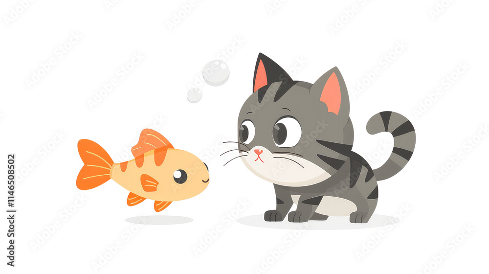 Obraz premium flat logo vector cute cat looking at fish cartoon isolated on transparent background.