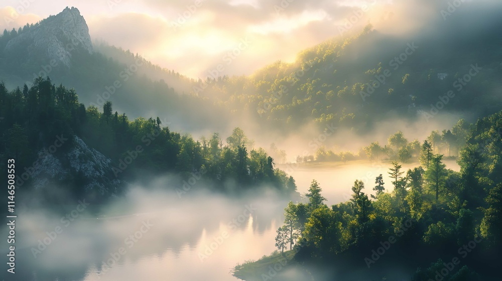 Naklejka premium Misty Morning Scene ofLake, Foggy Summer Landscape