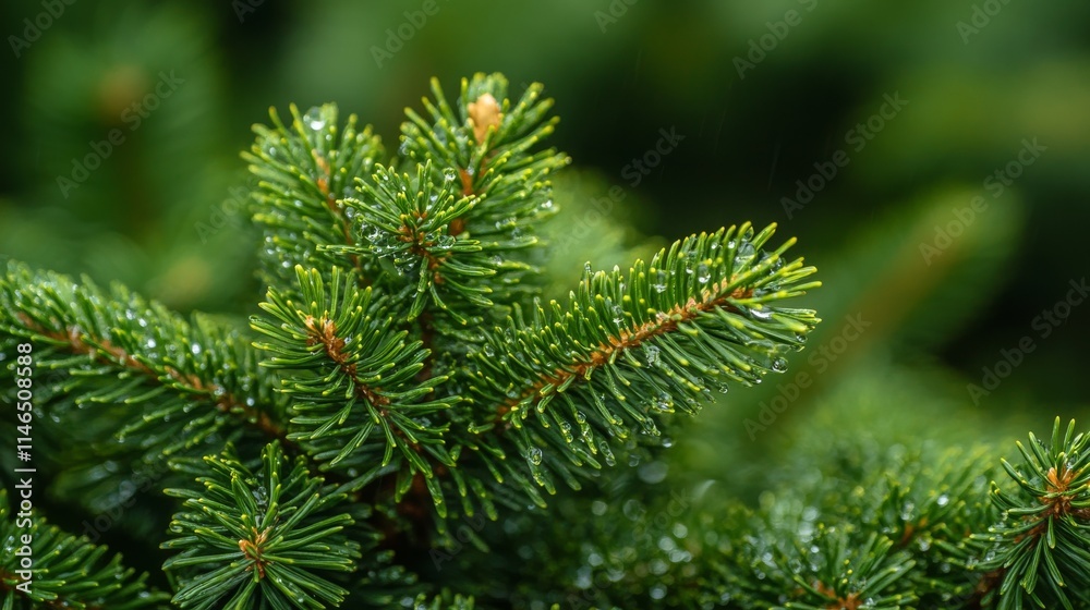 Dew Drops Adorn Lush Green Pine Branches Dew Drops Adorn Lush Green Pine Branches