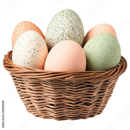 A colorful assortment of decorative eggs nestled in a woven basket, showcasing various pastel shades and speckled patterns, white background, transparent background. photo