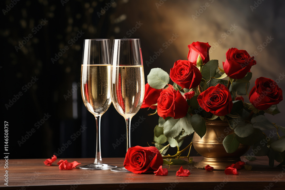 Valentines day table setting red roses and champagne glasses on concrete background. Valentine's greeting card - Image. Valentines day table setting red roses and champagne glasses on concrete background. Valentine's greeting card - Image.