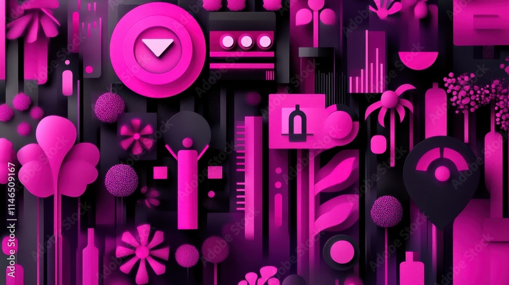 A modern, abstract digital art composition featuring geometric shapes and organic elements in vibrant pink and purple hues against a dark background, creating a stylized urban garden A modern, abstract digital art composition featuring geometric shapes and organic elements in vibrant pink and purple hues against a dark background, creating a stylized urban garden