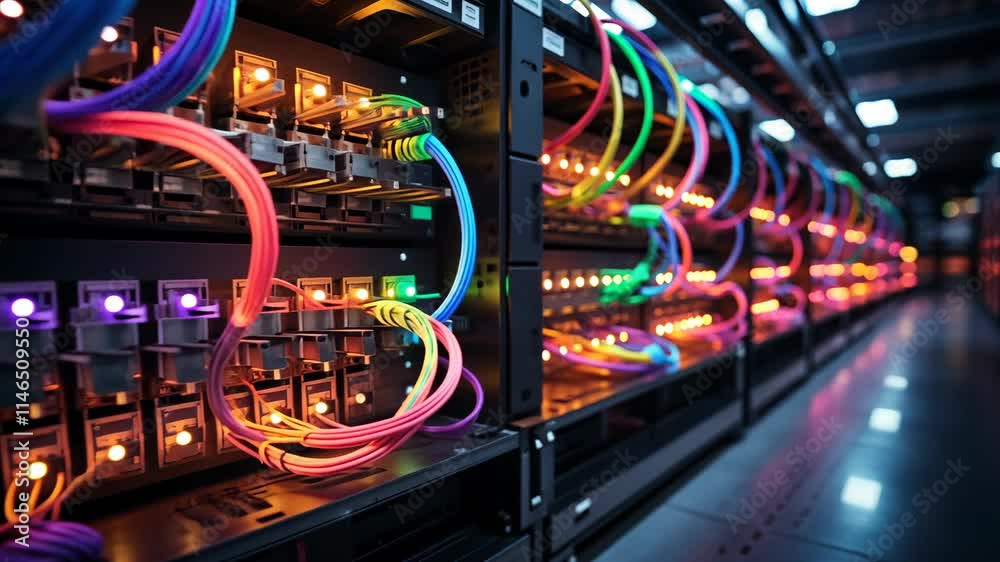A server room filled with vibrant data cables glowing in various colors A server room filled with vibrant data cables glowing in various colors