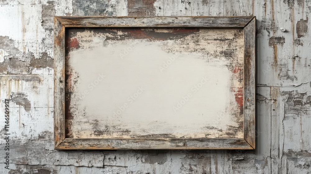 A rustic, weathered frame without a picture, set against a textured wall, ideal for showcasing art or photographs. A rustic, weathered frame without a picture, set against a textured wall, ideal for showcasing art or photographs.
