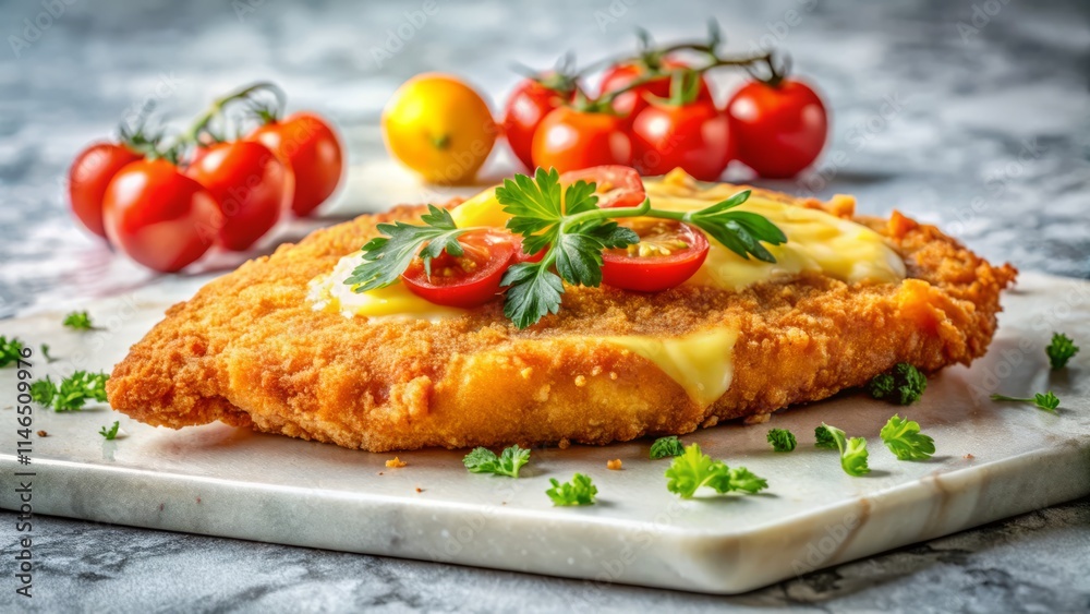 Cotoletta alla Valdostana Recipe: Eye-Level White Marble Food Photography Cotoletta alla Valdostana Recipe: Eye-Level White Marble Food Photography