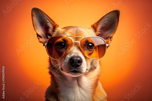 Cool Canine: Close-Up Dog Portrait with Sunglasses, Peach Background