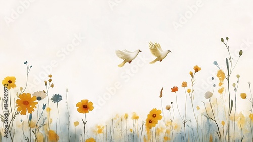 Delicate Watercolor Painting of Two Doves Flying Above a Field of Vibrant Wildflowers in Soft Pastel Hues Capturing Tranquility and Peaceful Beauty