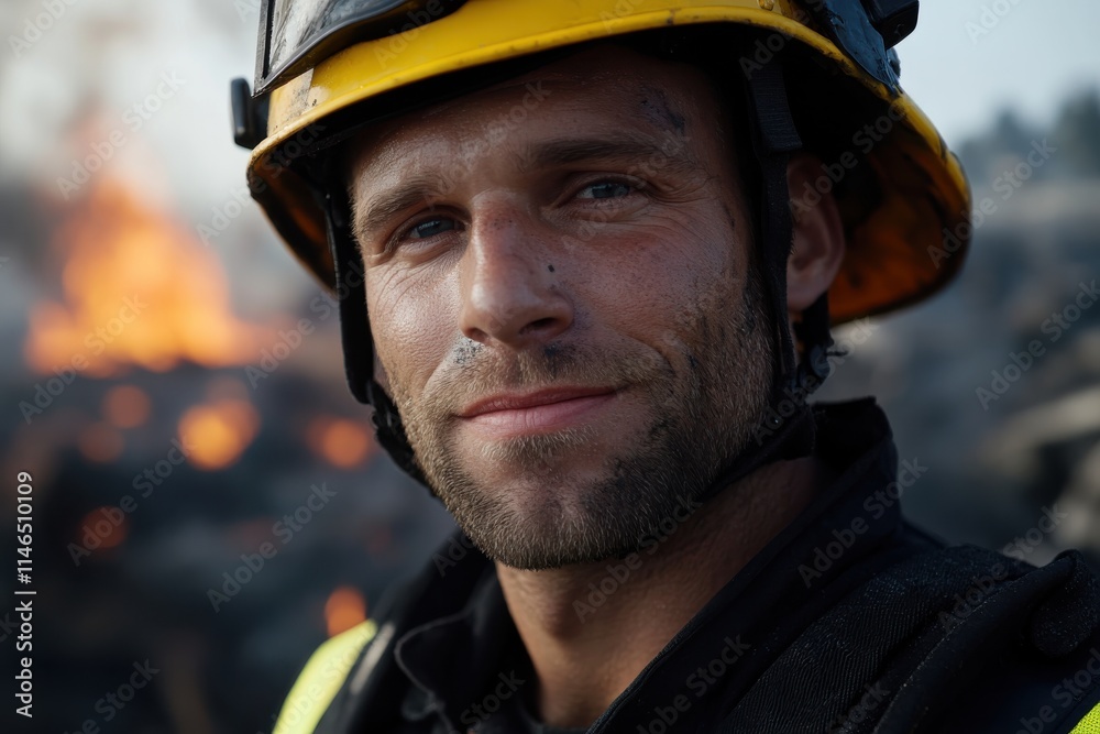 This close-up of a firefighter shows a determined expression amidst soot and a fiery backdrop, representing bravery and selflessness in the face of danger. This close-up of a firefighter shows a determined expression amidst soot and a fiery backdrop, representing bravery and selflessness in the face of danger.