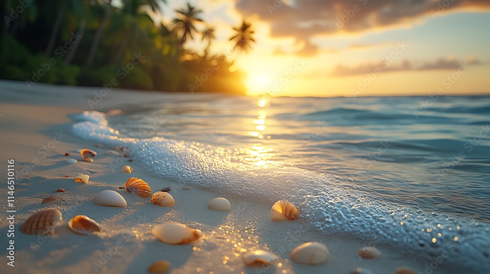 Obraz premium Seashells on sandy beach at sunset, ocean wave, palm trees.