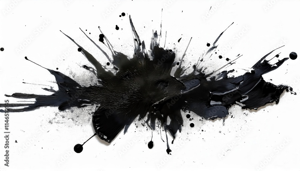 Dynamic Abstract Black Ink Splatter Explosion with Bold Drips and Chaotic Splatters on White Canvas. Symbolizing Creativity, Chaos, and Artistic Expression for Modern Digital or Print Art Inspiration