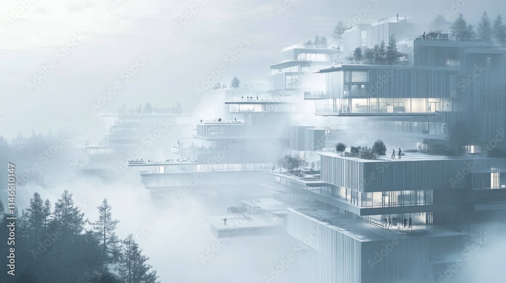 Fototapeta premium Futuristic architecture amidst foggy landscape, showcasing modern design and serene environment.
