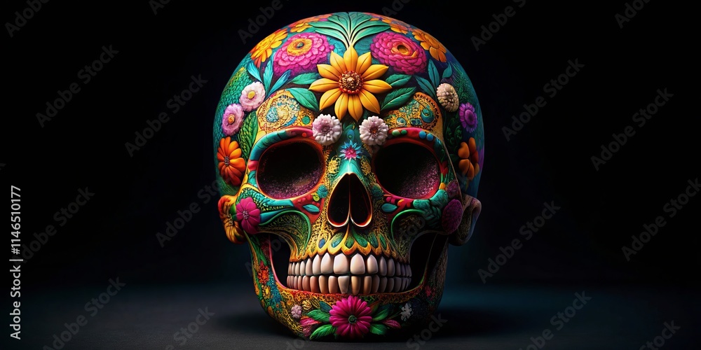 Day of the Dead Skull Bird's Eye View: Calavera Floral Pattern Black Background Day of the Dead Skull Bird's Eye View: Calavera Floral Pattern Black Background