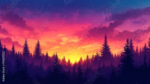 Vibrant Sunset Over Silhouetted Pine Forest Trees