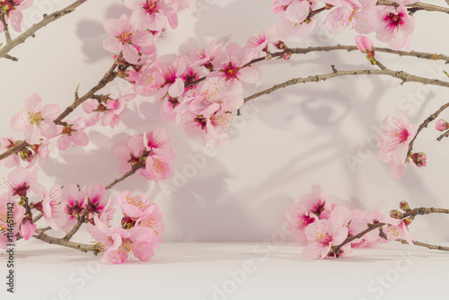 Panorama de fond uni en papier avec des fleurs roses pour création d'arrière plan.	