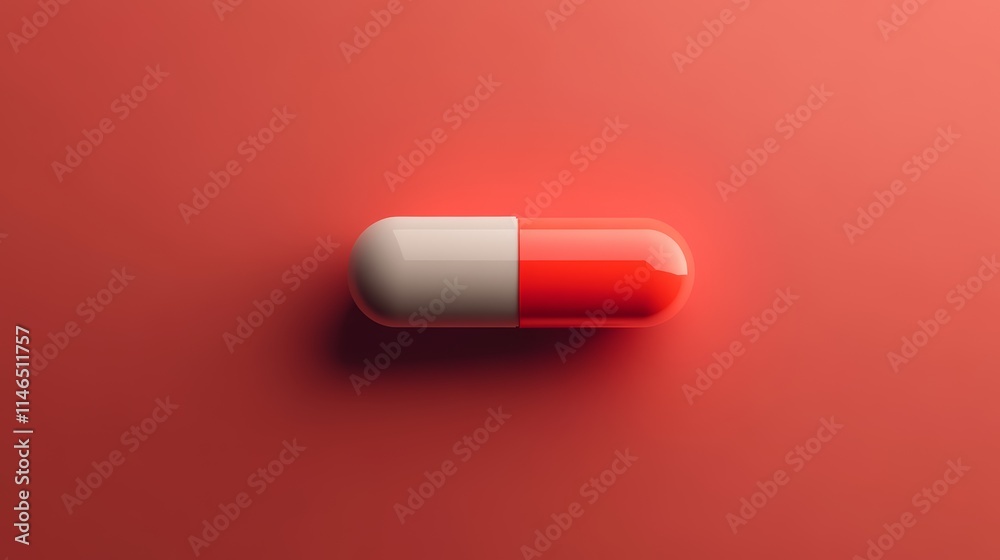 Single Red and White Capsule Pill on Red Background Single Red and White Capsule Pill on Red Background