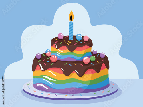 Colorful Birthday Cake With Chocolate Glaze and Single Lit Candle