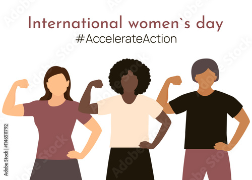 AccelerateAction banner. #Accelerateaction 2025.Group of faceless girls in flat style showing strength