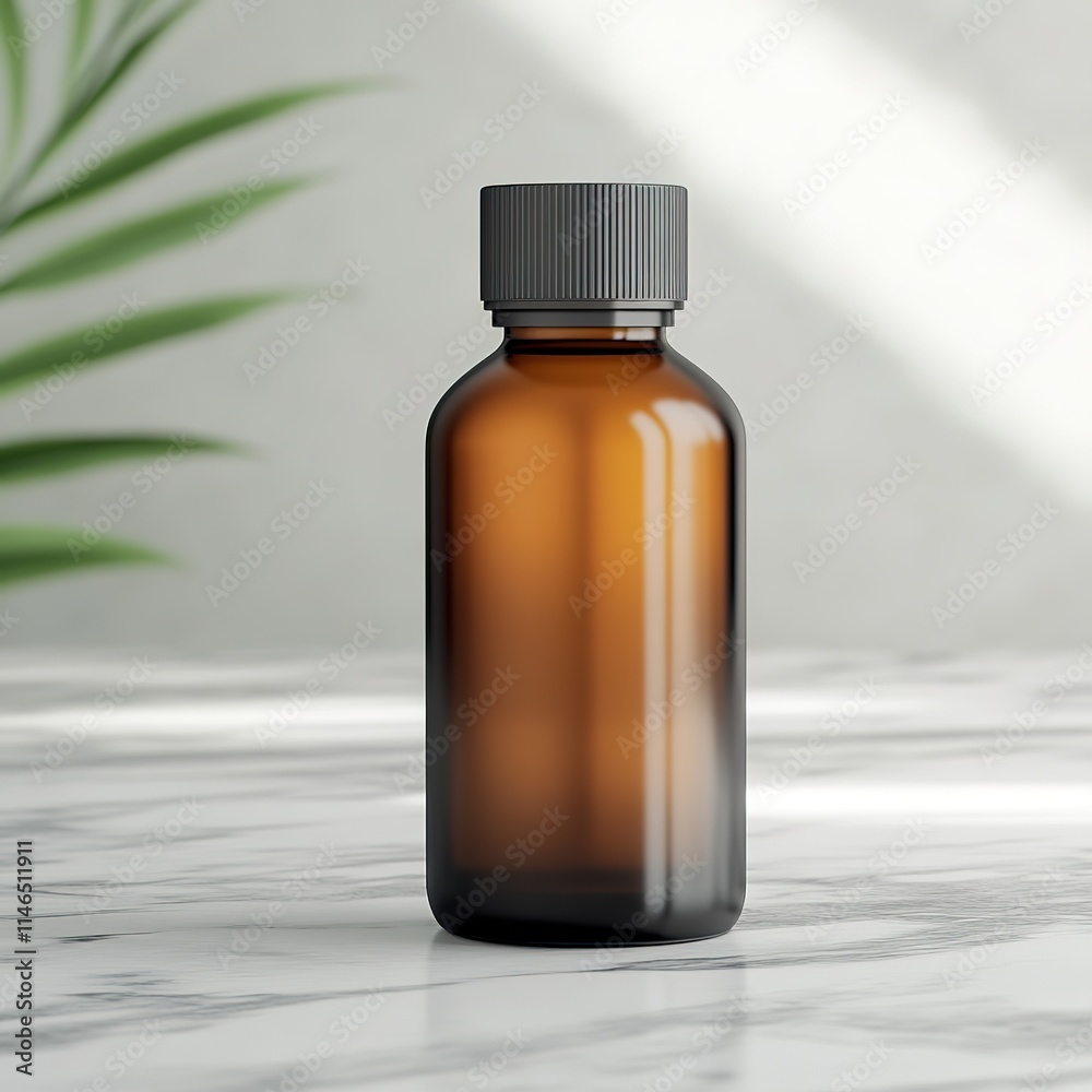 Amber glass bottle on marble with palm shadow