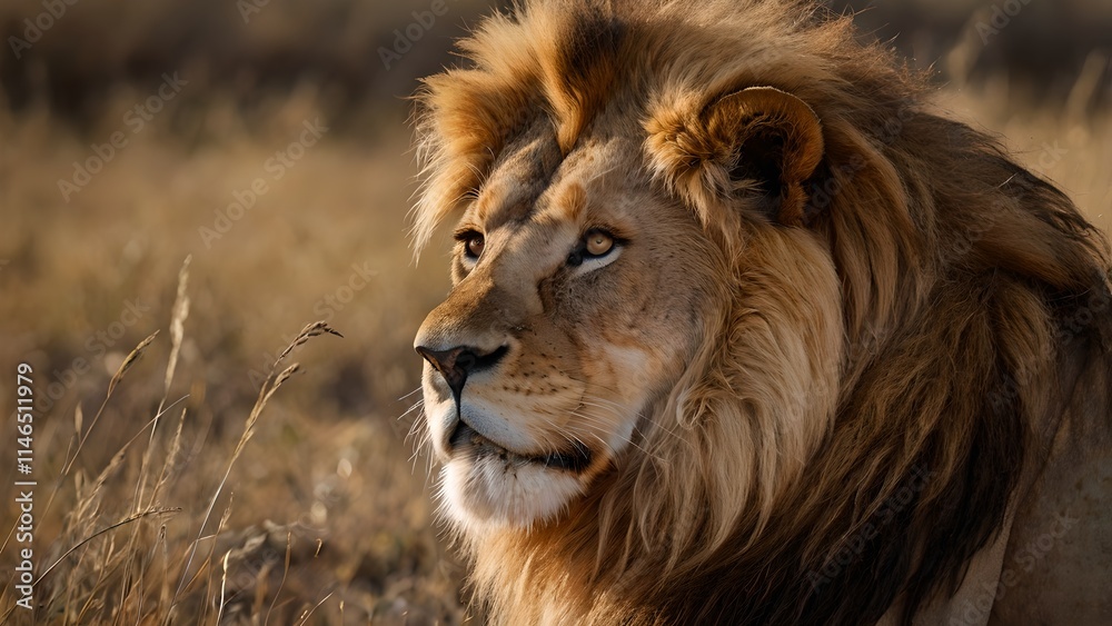 Majestic Male Lion Portrait in Golden Savanna Sunset Majestic Male Lion Portrait in Golden Savanna Sunset