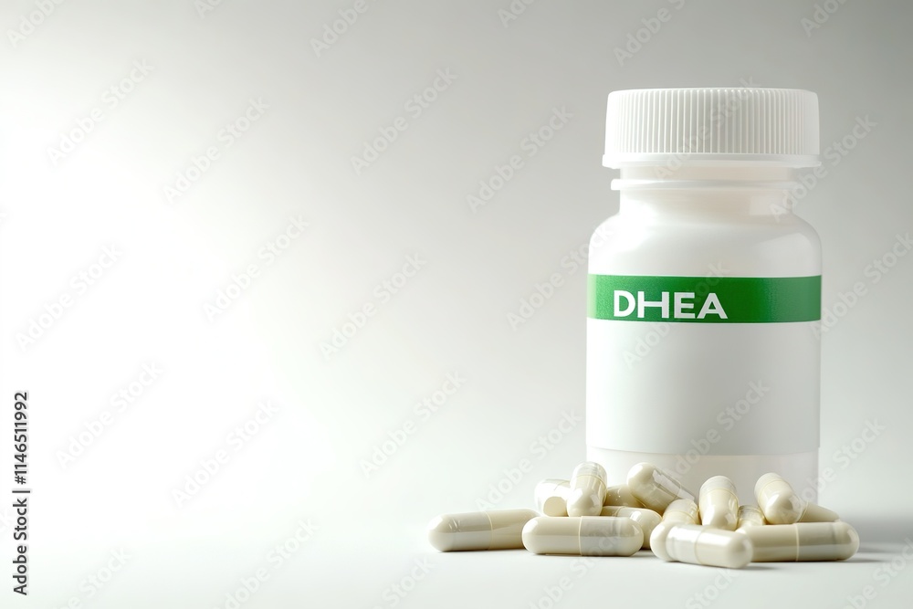 Bottle of DHEA pills with capsules scattered on side Bottle of DHEA pills with capsules scattered on side