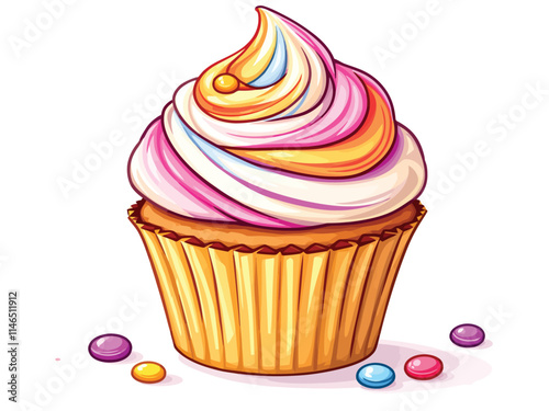 Colorful cupcake decorated with swirled frosting and small candy sprinkles