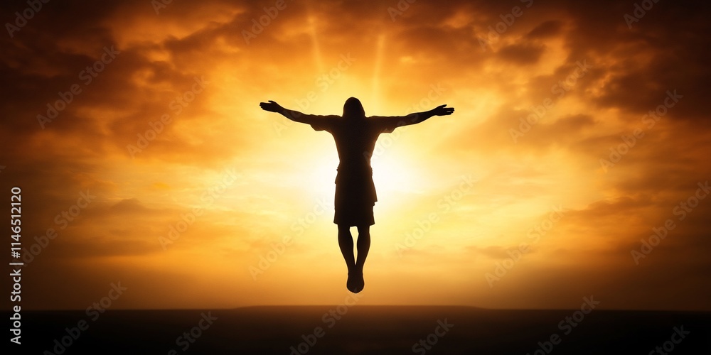Dramatic Silhouette of a Figure Against a Fiery Sunset with Rays of Light Emphasizing Spiritual Themes and Concepts of Hope and Redemption Dramatic Silhouette of a Figure Against a Fiery Sunset with Rays of Light Emphasizing Spiritual Themes and Concepts of Hope and Redemption