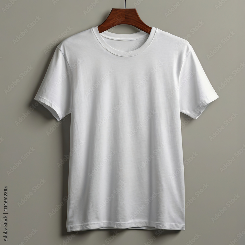inimalist White T-Shirt Mockup on Wooden Hanger inimalist White T-Shirt Mockup on Wooden Hanger