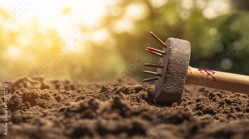 Rusty Hammer with Blunt Spikes Embedded in Dark Soil Against a Blurry Nature Background, Symbolizing Labor and Creation from Earth, Evoking Strong Emotions and Themes of Renewal photo