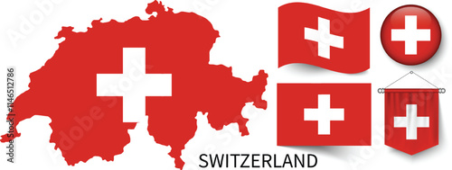 The different designs of Switzerland's national flags and the map showing Switzerland's borders