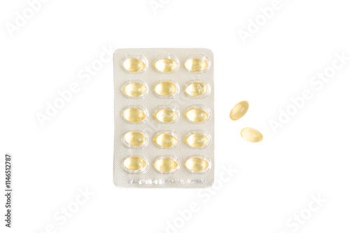 Blister with gelatin capsules and two capsules next to each other on a white background