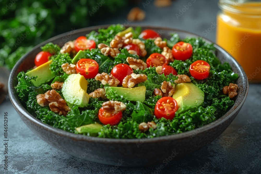 Delicious vibrant salad with kale and avocado topped with nuts